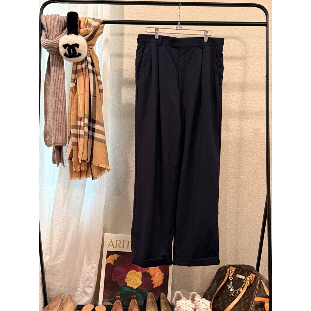 Vintage Custom Bespoke Pleated Trousers Navy Blue Cuffed Lined Pants Size 32